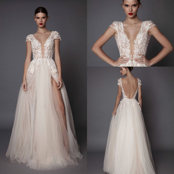 New Hot A Line Wedding Dresses Deep V Neck Tulle Side Split Cap Sleeve Cheap Bridal Beach Open Back Berta Wedding Gowns