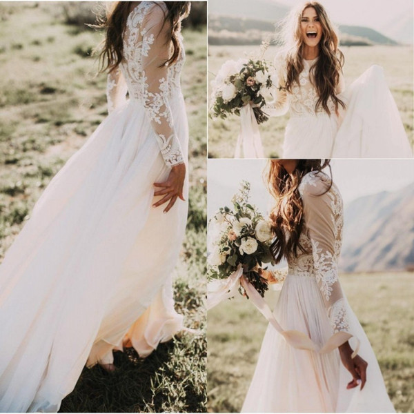 Cheap Bohemian Beach Lace Wedding Dresses With Sheer Long Sleeves Bateau Neck A Line Appliqued Chiffon Boho Country Bridal Gowns BA6589