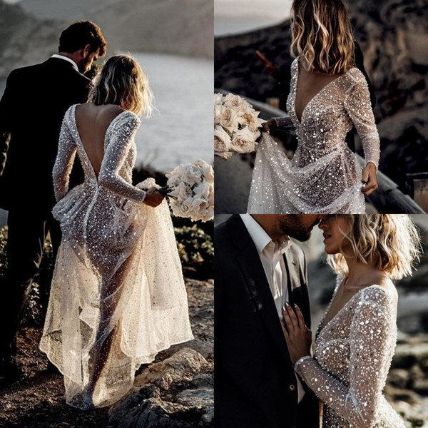 Stunning Long Sleeve A Line Wedding Dresses Sheer Neck Sparkly Sequined Beach Bridal Gown Sexy Vestido de Novia