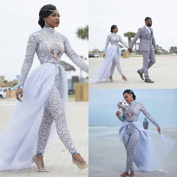 Luxury Beaded Jumpsuit Wedding Dresses with Detachable Train Long Sleeve Bridal Gown High Neck Vestido African Robe de Mariee Beach