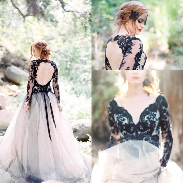 Sheer Back Garden Long Sleeve Wedding Dresses Black Lace Appliqeus A Line Tulle Bridal Gown Vestido de Novia BC2666