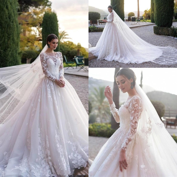 Elegant Full Lace A Line Wedding Dresses Long Sleeve Appliqeus Sweep Train Jewel Neck Bridal Gown Beach vestido de novia Cheap BC2614