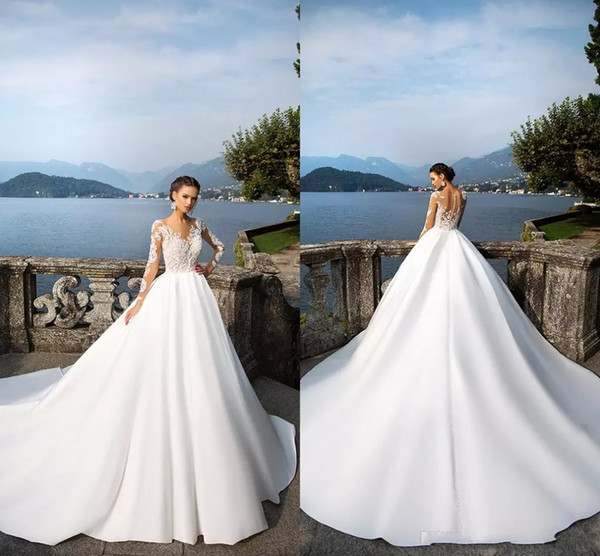 Hot Sales Milla Nova White A Line Wedding Dresses Sheer Long Sleeves Button Back Satin Wedding Gowns Custom Made