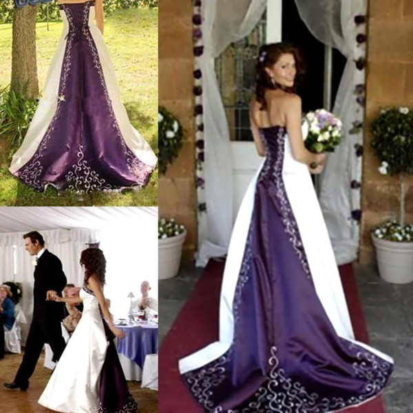 Hot White and Purple Wedding Dresses Pao Embroidery Vestido de Custom made A-Line Strapless Lace up Back Chapel Train Bridal Gowns