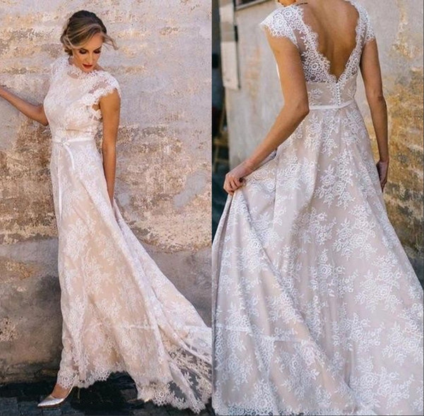 Modest Bohemian Lace Wedding Dresses Jewel Neck Sleeveless Bridal Gown Backless Long Vestido de novia BM1624