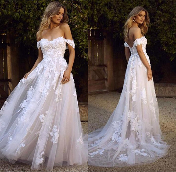 Chapel Off Shoulder Lace Wedding Dresses Full Lace Appliques A Line Bridal Gown Cheap robe de mariee BM1510