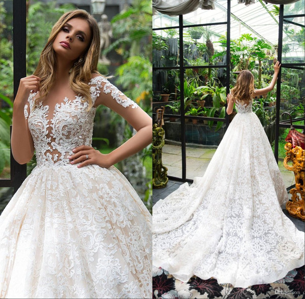 Spring Dubai Wedding Dresses Lace Appliques Illusion Bodice Sweep Train Bridal Gowns vestidos de novia BA9214