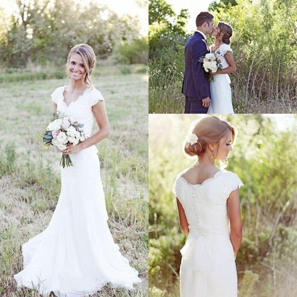 Simple Design Scalloped A Line Wedding Dresses Capped Sleeve Lace Bridal Gowns Covered Button robe de mariee