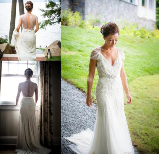 Jenny Packham Wedding Dresses Spring A Line Short Sleeves Keyhole Back V Neck Sash Beading Pearls Vintage Plus Size Lace Bridal Gowns