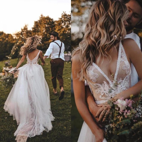 Sexy Backless A Line Wedding Dresses V Neck Lace Appliques Tulle Bridal Gown Vestido de Novia Bohemian Beach Wed Gown