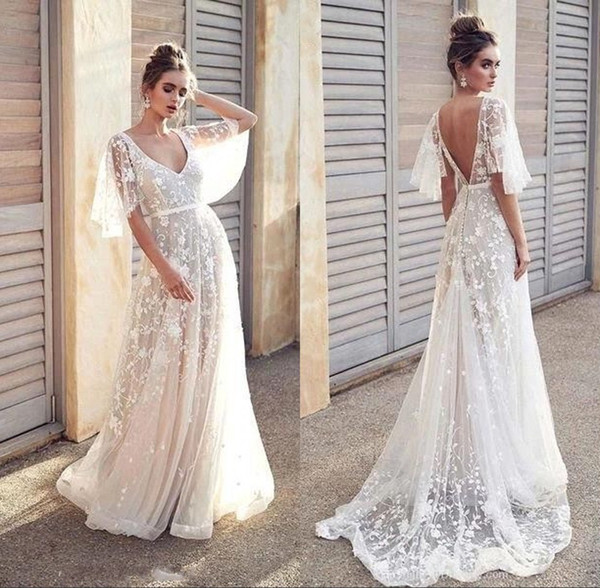 Bohemian Capped lace Wedding Dresses V Neck A Line Beach Bridal Gown V Cut Backless robe de mariee BM1607