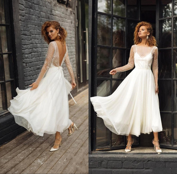 BOHO Sheer Long SLeeve Chiffon Wedding Dresses Tea Length V Cut Backless Beach Bridal Gown vestido de novia BC2593