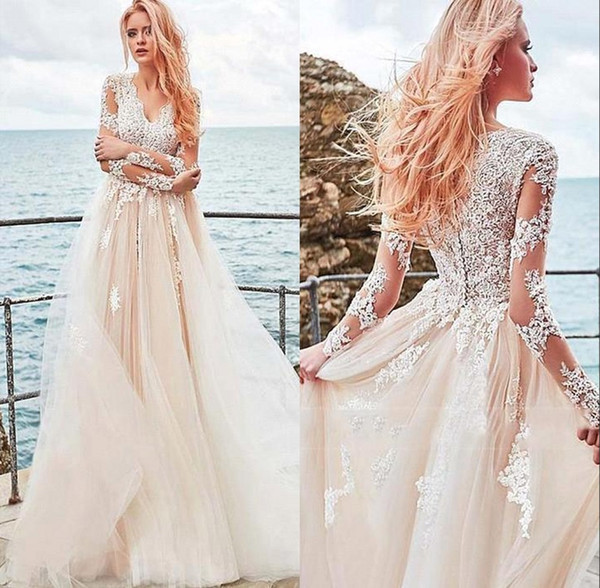 Boho Long Sleeve Beach Lace Wedding Dresses Full Appliqued V Neck Bridal Gown Summer Wedding Simple Tulle vestido de novia BM1521