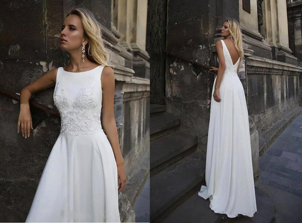 Modest Simple A Line Wedding Dresses Lace Appliques V Cut Backless Chiffon Bridal Gown Boho Beach Cheap vestido de novia BC2585