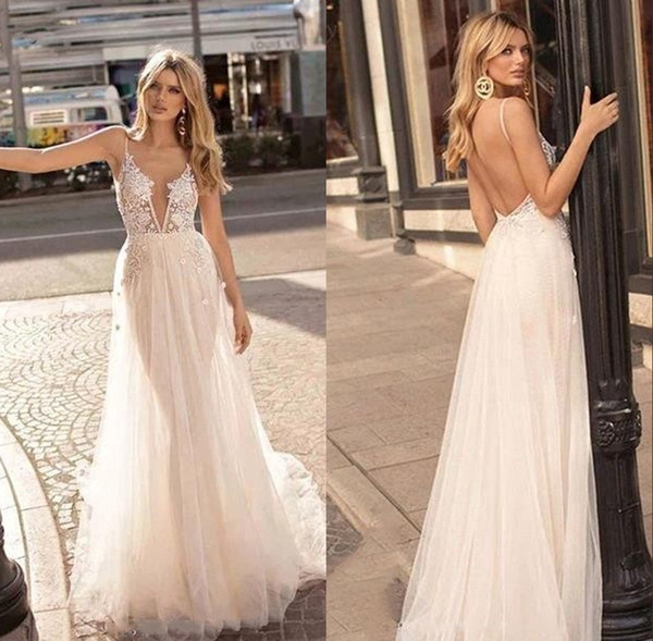 Bohemian Sexy Backless Beach Wedding Dresses Deep V Neck Lace Appliques Bridal Gown Long Tulle vestido de novia Cheap BM1609