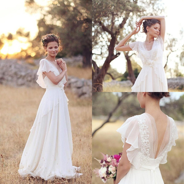 Ivory Boho Chiffon Wedding Dresses V Neck A Line Bridal Gown Bohemian Cheap robe de mariee Outdoor Wedding BA6388