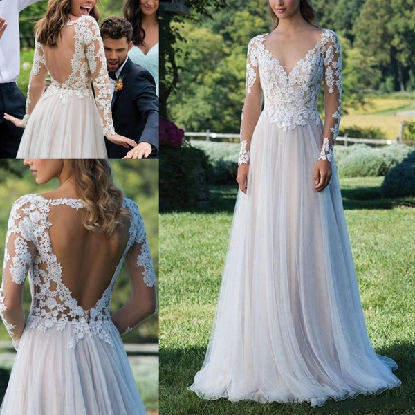 Summer Garden A Line Wedding Dresses Sheer Long Sleeve Lace Appliques V Neck Backless Bridal Gown Beach Wedding vestido de novia