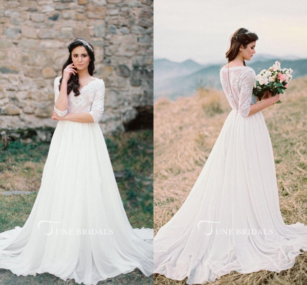 Western Country Wedding Dresses V Neck Lace Top Button Back A Line Boho Bridal Gown