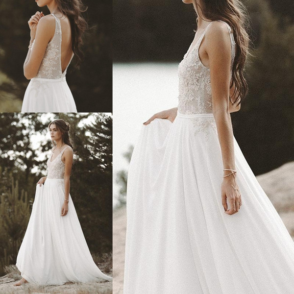 Simple Design Chiffon Beach Wedding Dresses V Neck Backless A Line Bridal Gown Lace Appliques Pearls Vestido de Novia