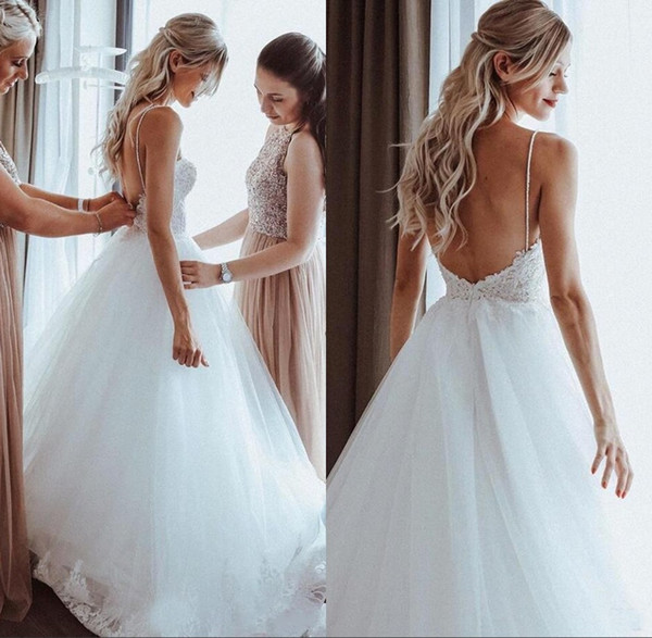 Spaghetti Lace A Line Wedding Dresses Tulle Backless Bridal Gown Floor Length vestido de novia Cheap BC2616