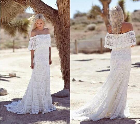 Sexy Bohemian Lace Boho Wedding Dresses Off The Shoulder Cheap Beach Bridal Dresses Sweep Train Custom Made Wedding Gowns