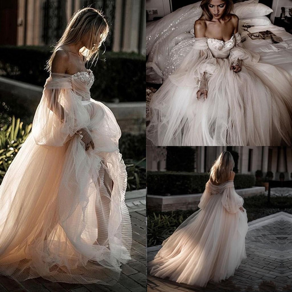 Bohemian Sexy Tulle Beach Wedding Dresses Off Shoulder Puffy Long Sleeve Floor Length Bridal Gown Lace vestido de novia BC2430