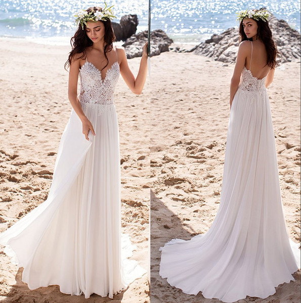 Summer Beach A Line Chiffon Wedding Dresses Spaghetti Straps Lace Top Cheap Boho Bridal Gowns robe de mariee