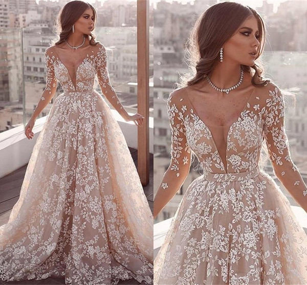 Full Lace A Line Wedding Dresses Long Sleeve Sheer V Neck Bridal Gown Appliques Robe de Mariee