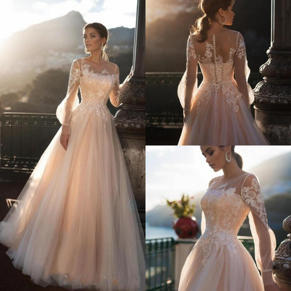 Romantic Sheer Long Sleeve Wedding Dresses Lace Appliques A Line Tulle Bridal Gown Beach Vestido de Novia Robe de Mariee BC2662