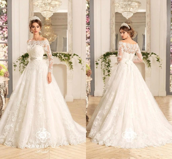 Bateau Long Sleeve A Line Wedding Dresses with Beaded Sash Full Lace Appliques Bridal Gown Vestido de Fiesta BM1621