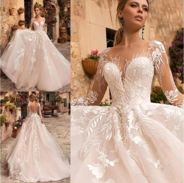 Vintage Bohemian Long Sleeve Wedding Dresses Illusion Back Lace Appliqued Tulle Bridal Gown Beach Vestido de Novia BC2558