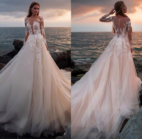 Elegant Long Sleeve Beach Wedding Dresses Lace Appliques Covered Button Back Bridal Gown Vestido de Novia