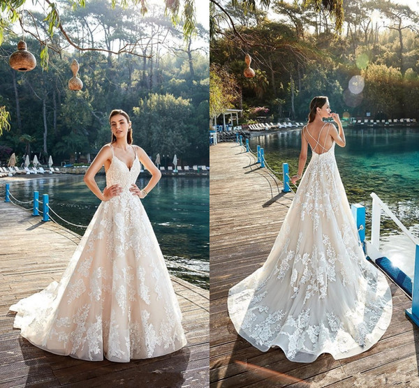 Sexy Criss-cross Backless Wedding Dresses Lace Appliques A Line Sweep Train Bridal Gowns Robe de Mariee BA9991