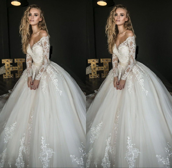 Stunning Off Shoulder Lace Long Sleeve Wedding Dresses Lace Appliques Puffy Tulle Bridal Gown Vestido de Novia