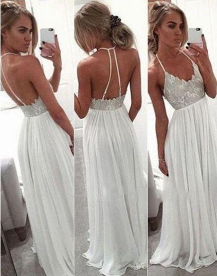 CHEAP Beach A Line Modest White Long Sequins Bridal Gowns Sexy Spaghetti Straps Chiffon Floor Length Backless Wedding Dresses