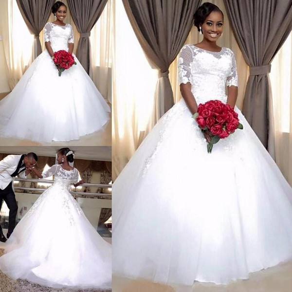 South African A Line Wedding Dresses Sheer Neck Half Sleeves Plus Size Lace Wedding Bridal Gowns Custom Made