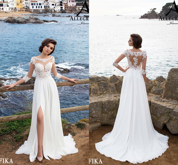 Summer Beach Wedding Dresses Popular Chiffon Scoop Neck Appliques Half Sleeves Long Bridal Gowns With Side Split A Line Wedding