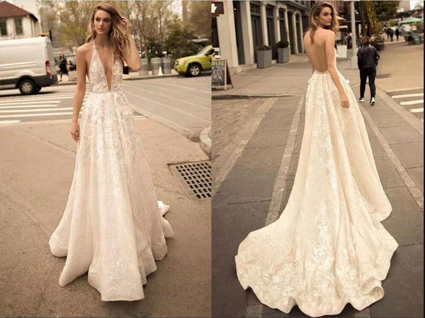 Sexy Halter Plunging V-Neck Wedding Dresses Open Back Lace Applique Long Bridal Gowns vestido de novia BC0402