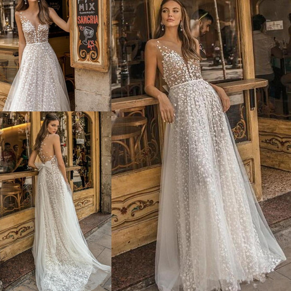 Bohemian Sexy A Line Wedding Dresses with Tulle Bow Sash Appliqued Beach Bridal Gown Vestido de Novia