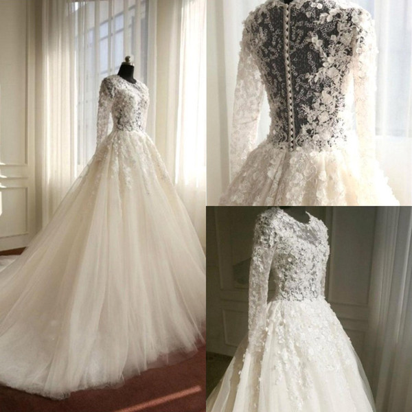 Full 3D Lace Appliqued Wedding Dresses Long Sleeve A Line Bridal Gown Covered Button Tulle vestido de novia Beach BC2524