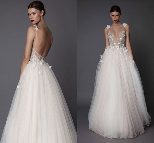 Vintage A Line Tulle Sexy Open Back Berta Weeding Dresses Spaghetti Strap Flowers Beaded V Neck Long Bridal Gowns