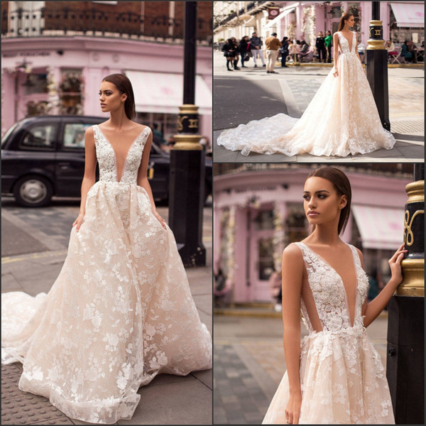 Sexy Summer Plunging V-Neck Wedding Dresses Floral Lace Applique Sweep Train Long Bridal Gowns robe de soirée