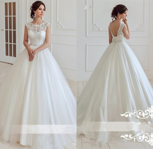 New Princess A Line Wedding Gowns Tulle Lace-Up Back Sweep Train Appliques Church Wedding Dresses Long Sheer Neck Spring New Arrival