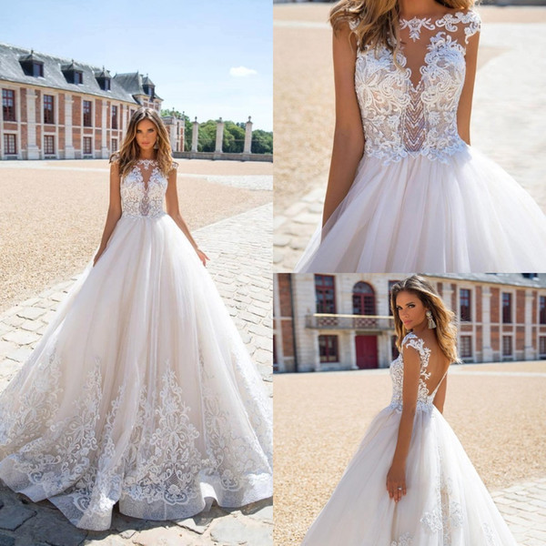 Glamorous A Line Wedding Dresses Lace Appliques Capped Sleeves Tulle Lace Bridal Gown robe de mariee