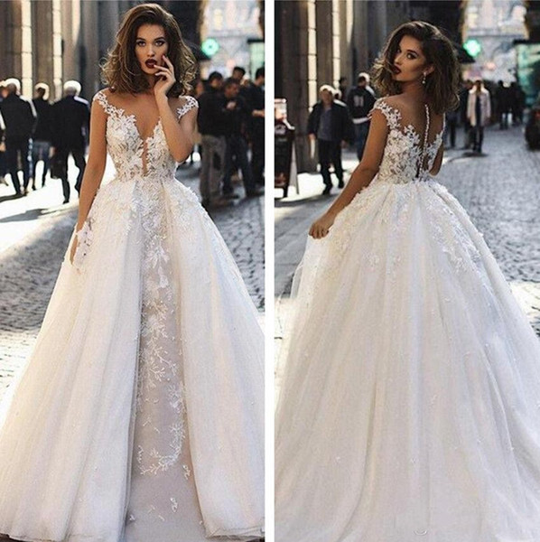 Gorgeous Sheer Scoop Neck A Line Wedding Dresses With Cap Sleeves Appliques Beaded Tulle Long Bridal Gown