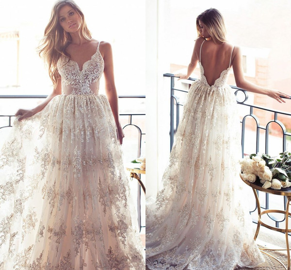 Charming Pretty Full Lace Wedding Dresses Sexy Spaghetti Straps Open Back Lace Applqiues Sweep Train Beach Garden Bridal Gowns