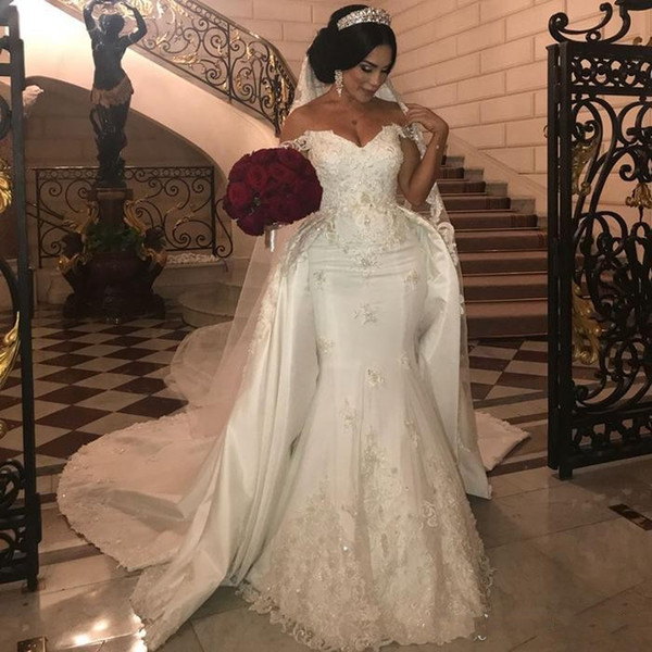 Gorgeous Beaded Lace Wedding Dresses with Detachable Sweep Train Off Shoulder Lace Appliques Mermaid Bridal Gown Satin vestido de novia