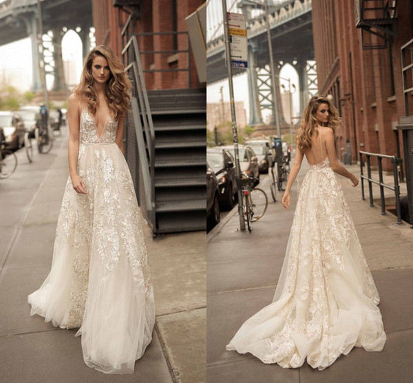 Betra Sexy Deep V Neck Wedding Dresses Sleeveless Lace Appliques Tulle A Line Bridal Gowns