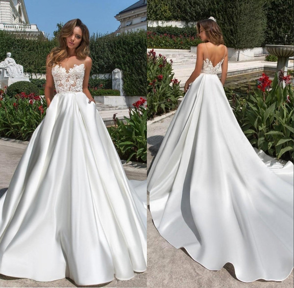 Simple Design A Line Wedding Dreses Illusion Sheer Neck V Cut Backless Satin Bridal Gown With Pockets Lace Long Train Vestidos BC2787