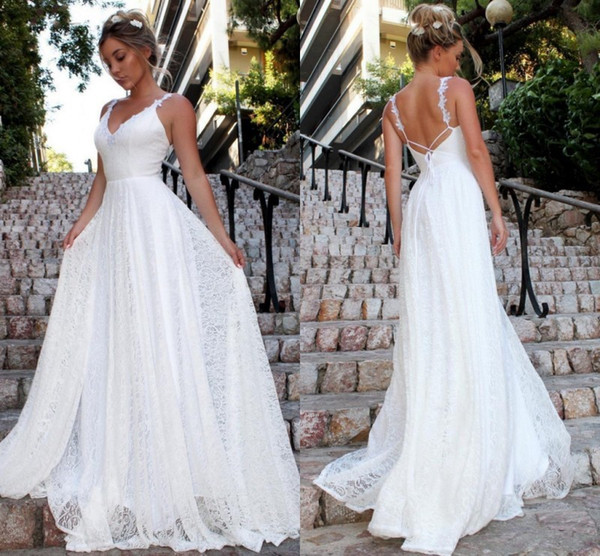 Country Boho Full Lace Wedding Dresses Long V Neck Backless Modern A Line Gaeden Beach Bridal Gowns Vestido de noiva Custom